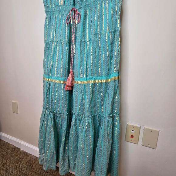 Venus Teal Gold Metallic Chevron Embroidered Strapless Tiered Maxi Dress 2X - Picture 5 of 9